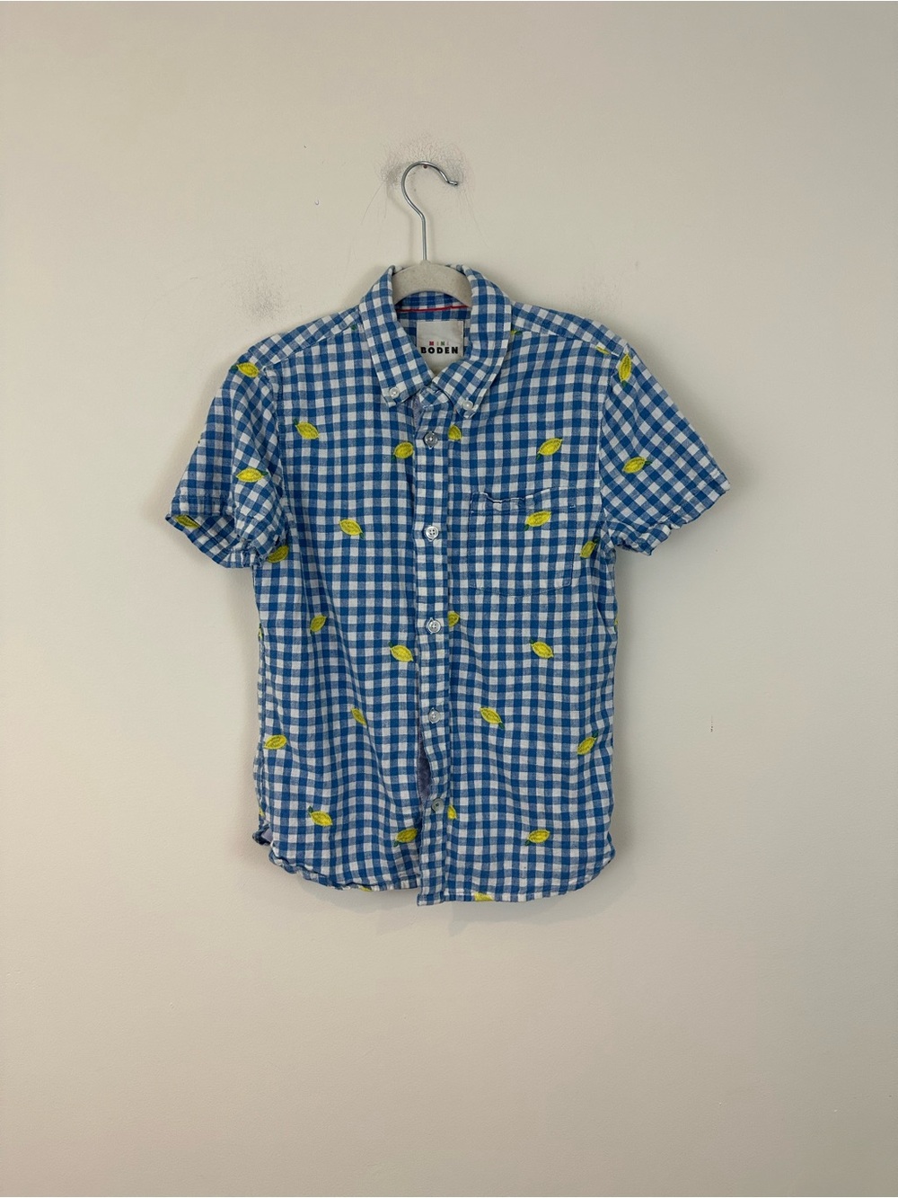 Mini Boden Blue Gingham Short-Sleeve Button-Down Shirt with Lemon Print 9-10 Y